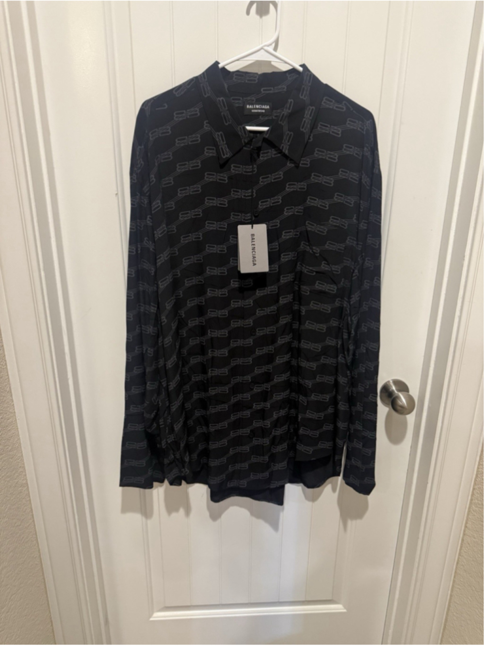 Balenciaga BB Monogram Silk Crepe Button Up Shirt Black Grey Size 38 NWT